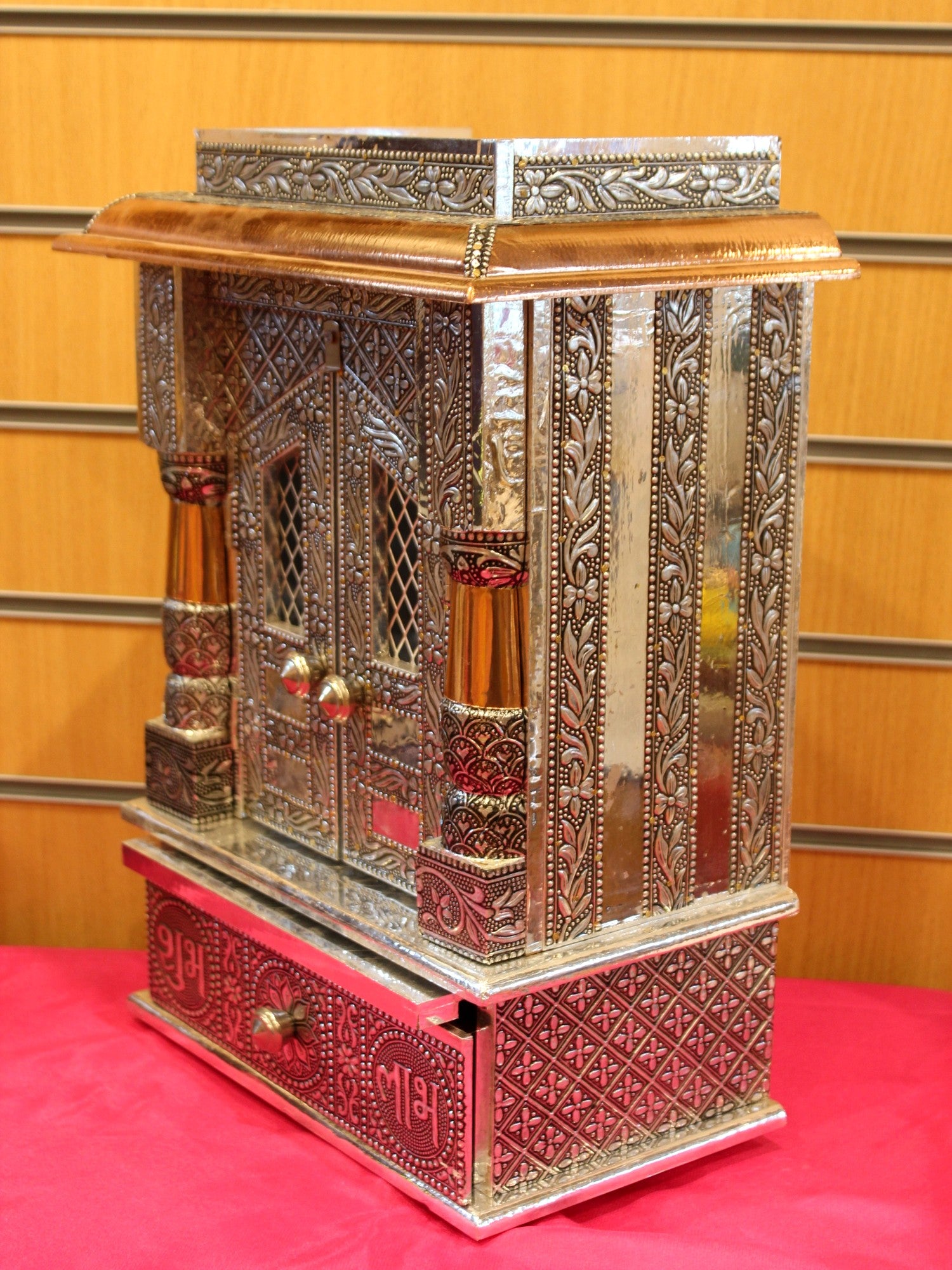 Oxidised silver mandir 10 x 6 inch, side view with drawer detail