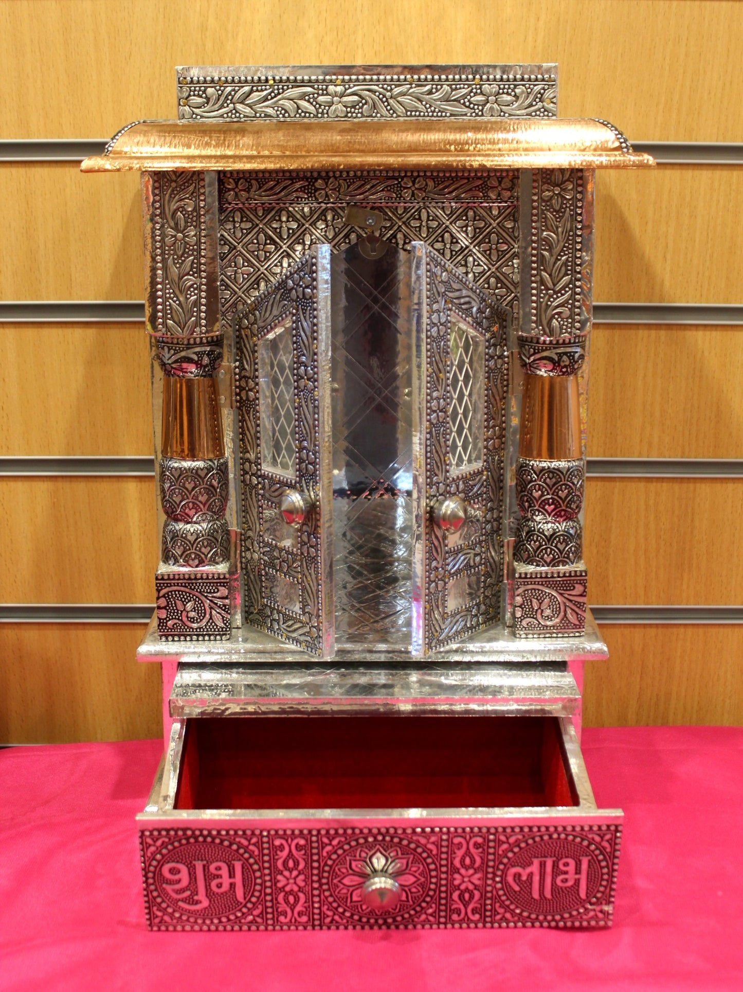 Oxidised silver mandir 10 x 6 inch with doors open and Shubh Labh drawer pulled out