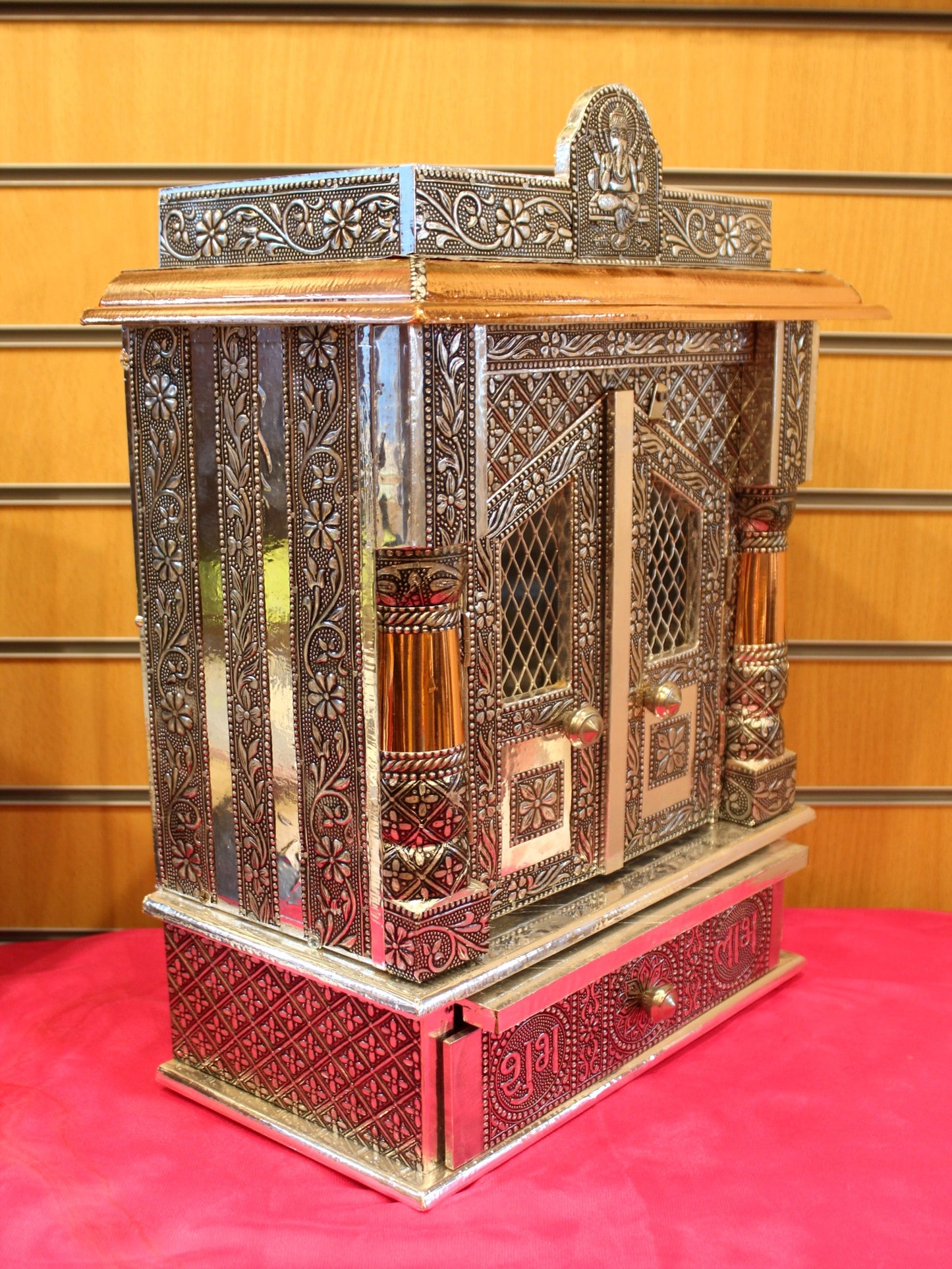 Oxidised silver mandir 12 x 6 inch, angled side view showing depth