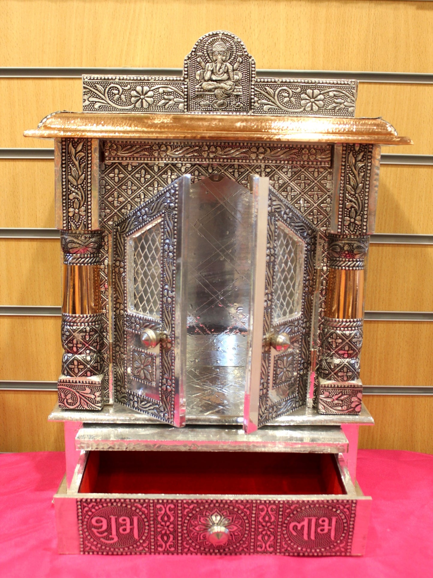 Oxidised silver mandir 12 x 6 inch with doors open and Shubh Labh drawer pulled out