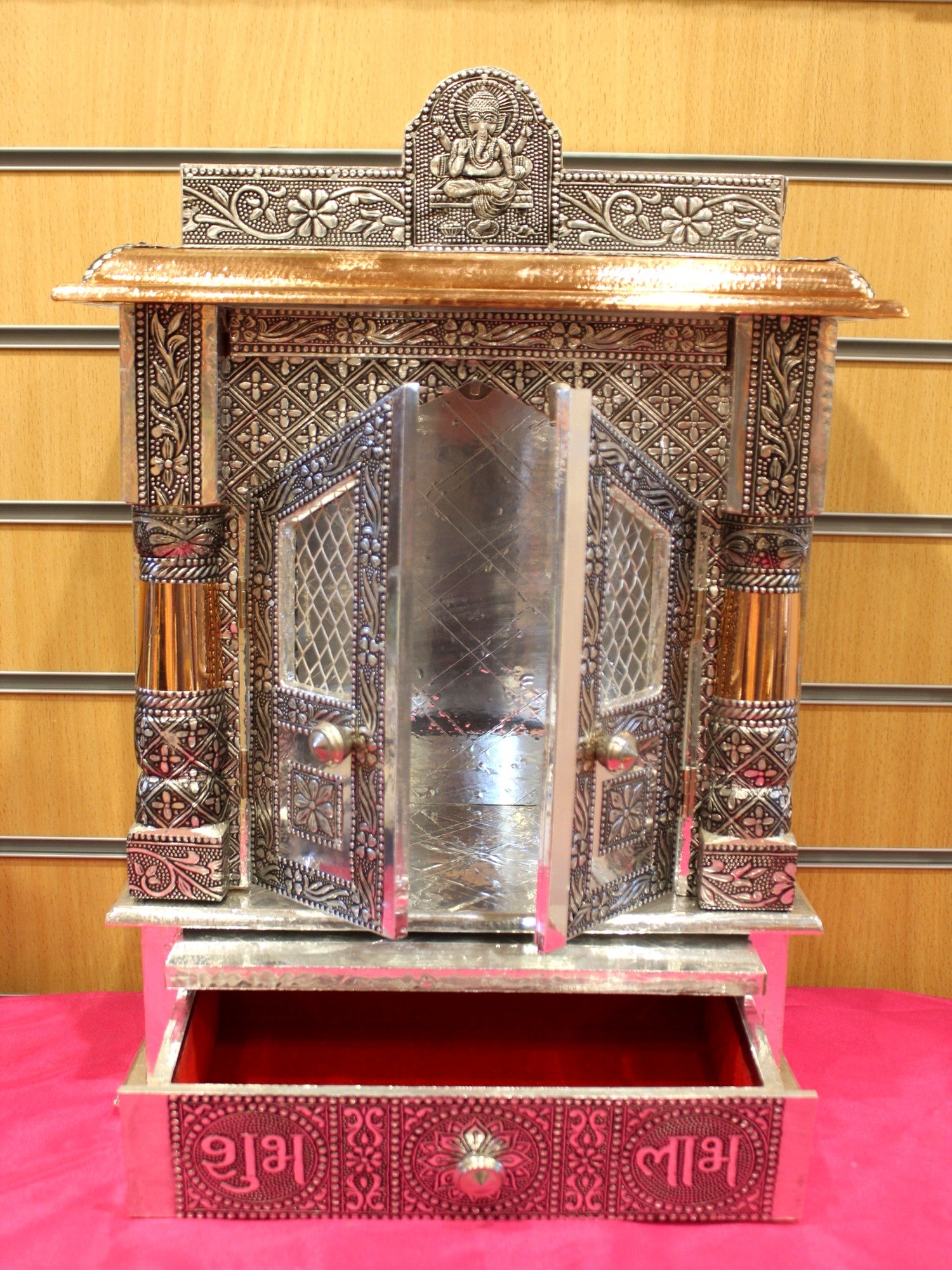 Oxidised silver mandir 12 x 6 inch with doors open and Shubh Labh drawer pulled out