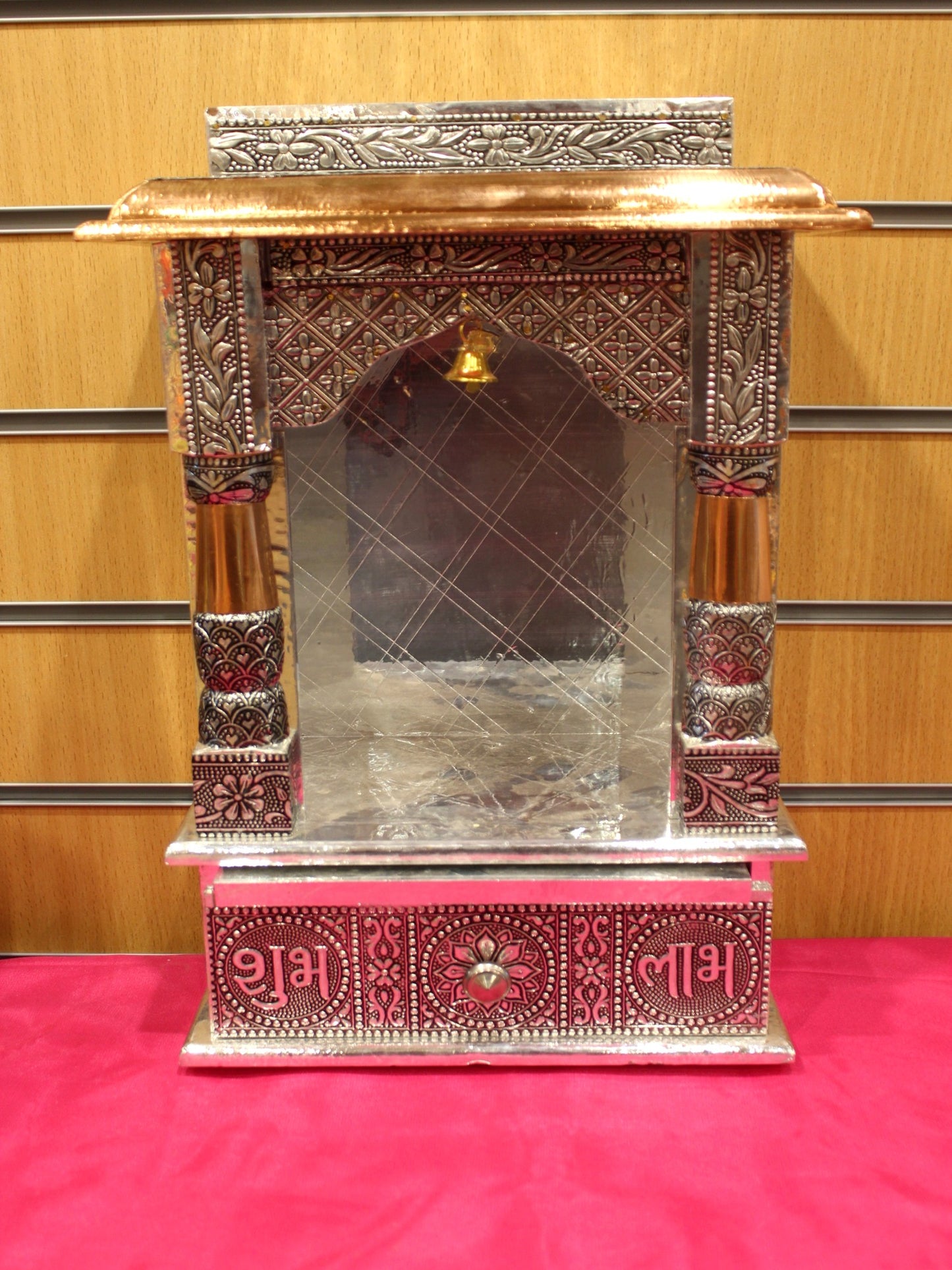 Oxidised silver open mandir with copper roof, 10 x 6 inch, front view