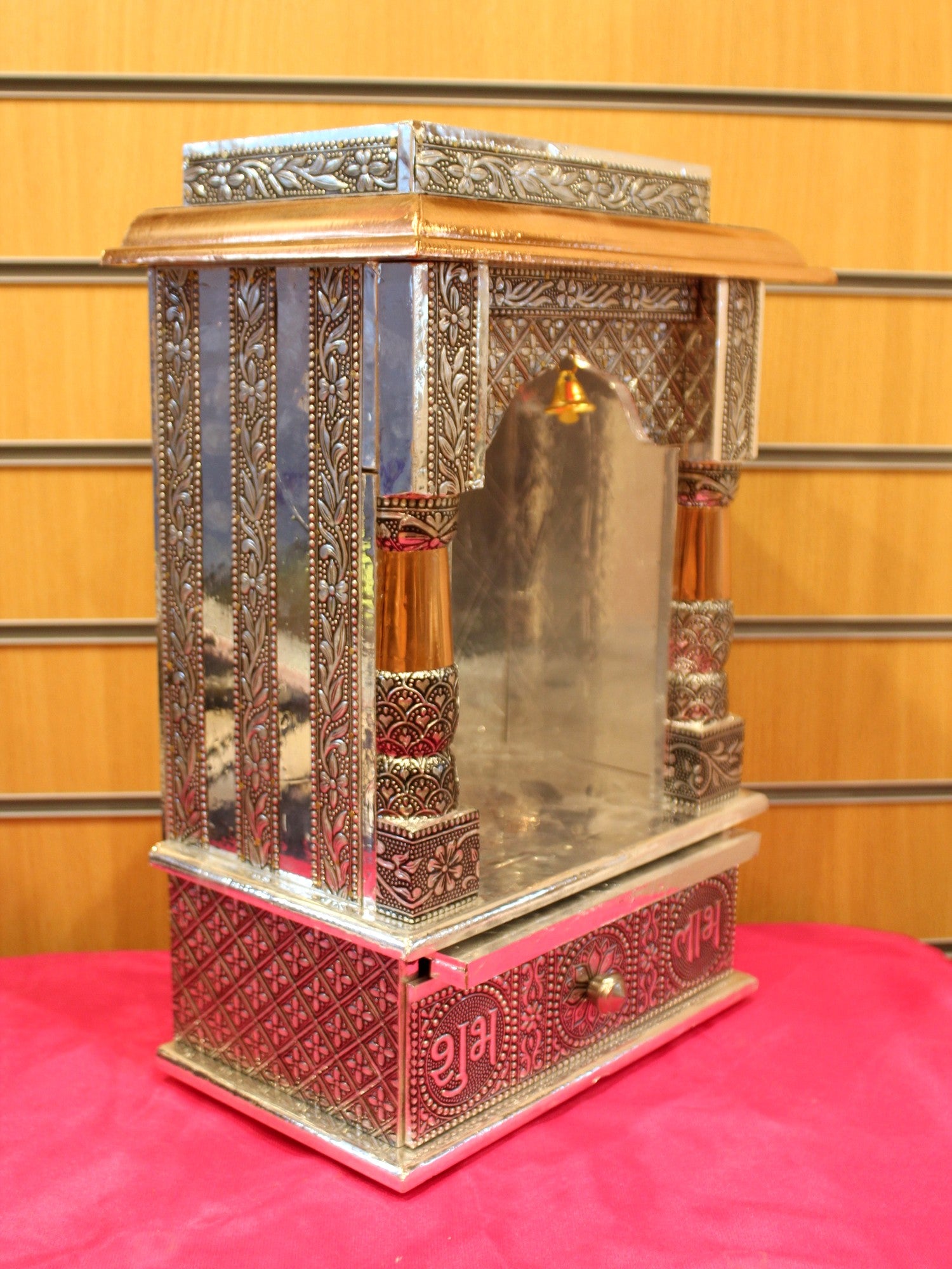 Oxidised silver open mandir 10 x 6 inch, angled side view showing depth