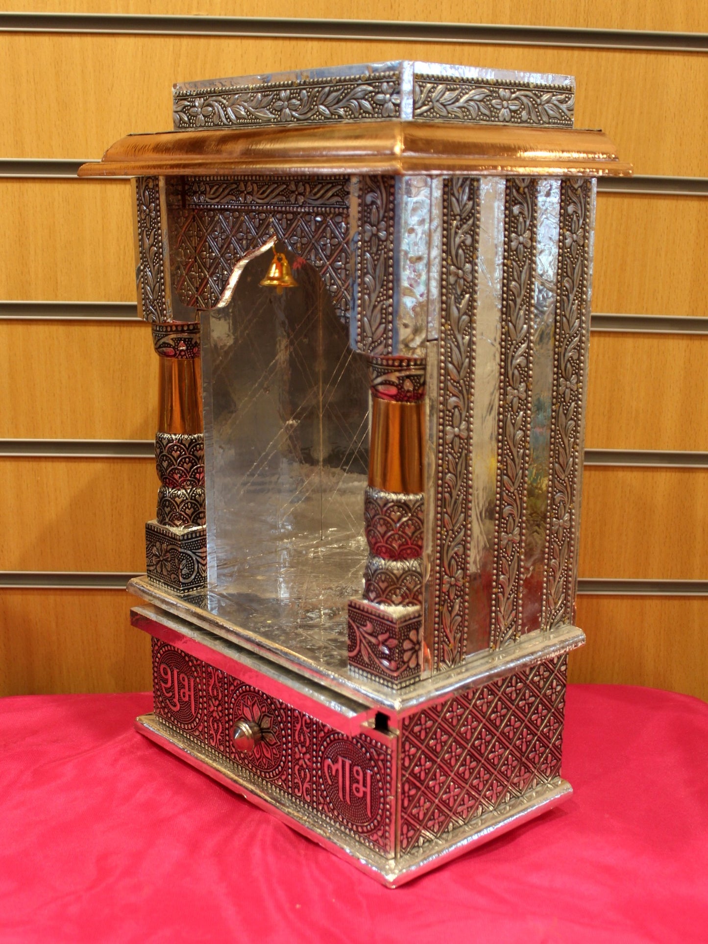 Oxidised silver open mandir 10 x 6 inch, side view with drawer detail