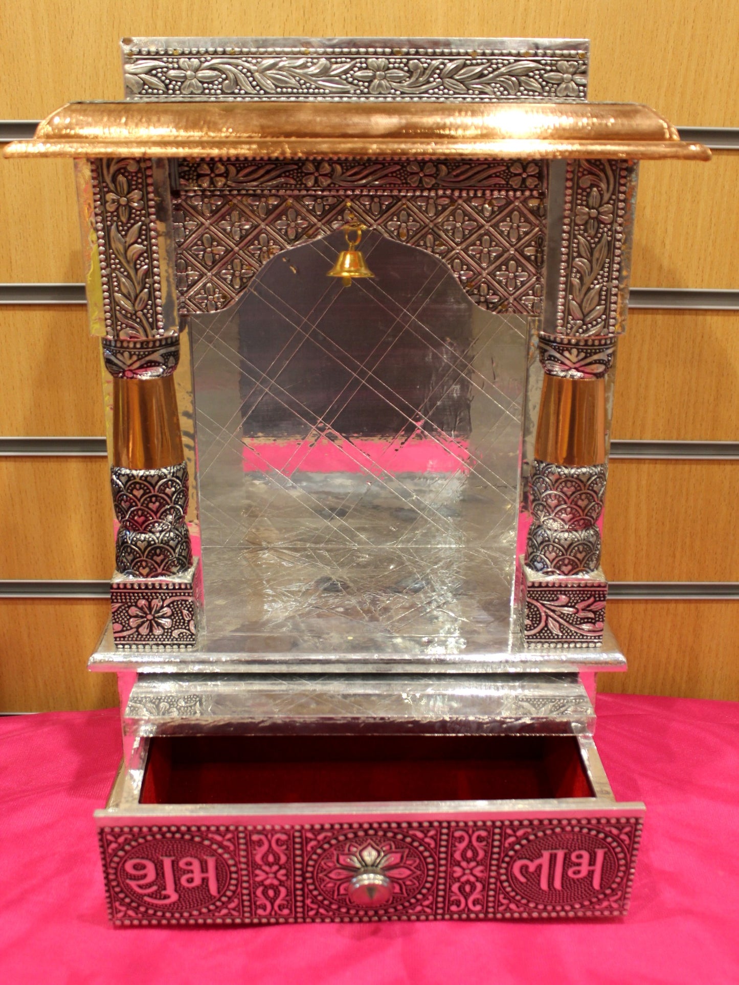 Oxidised silver open mandir 10 x 6 inch with Shubh Labh drawer pulled out