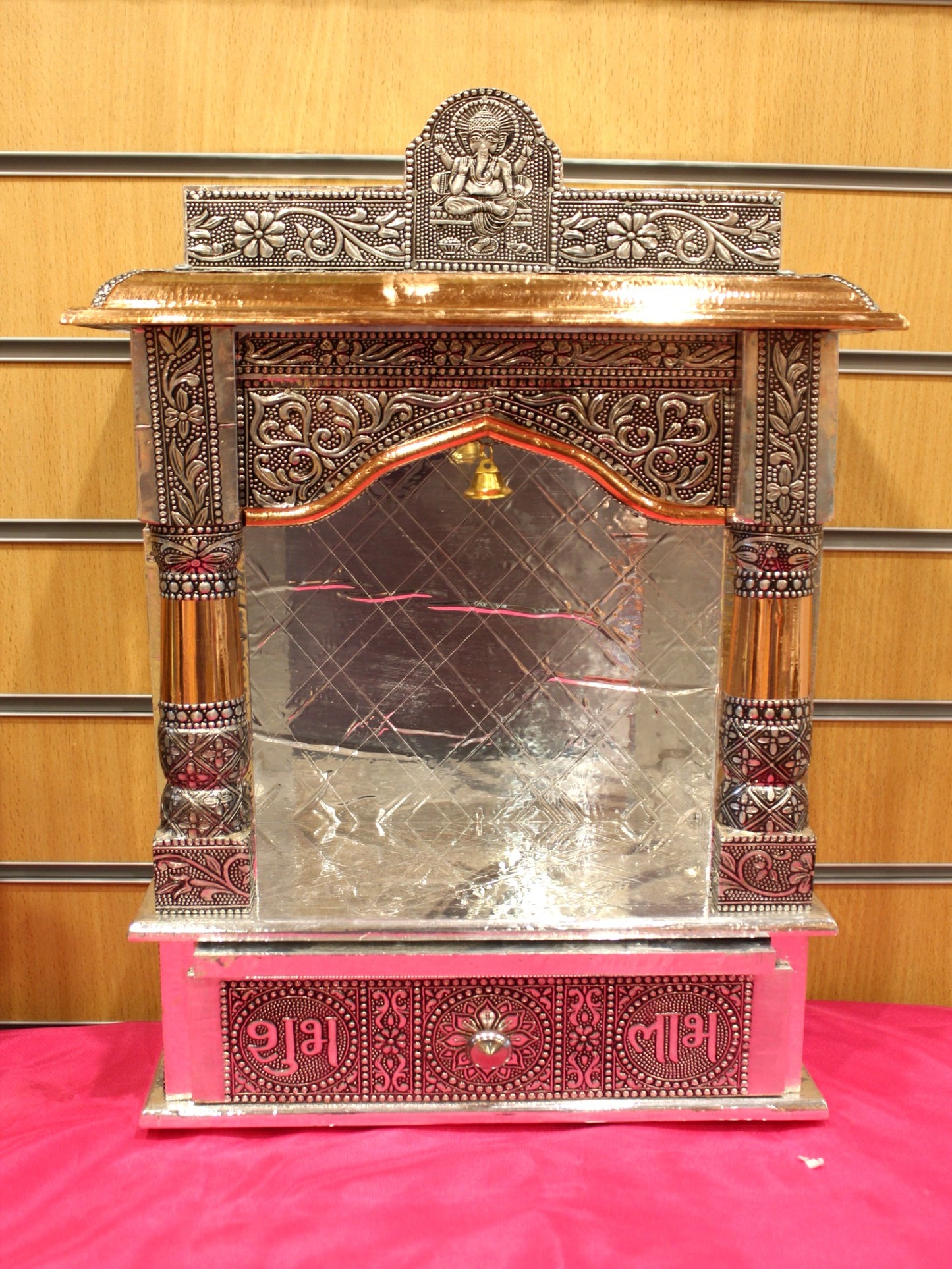 Oxidised silver open mandir with Ganesh crest, 12 x 6 inch, front view