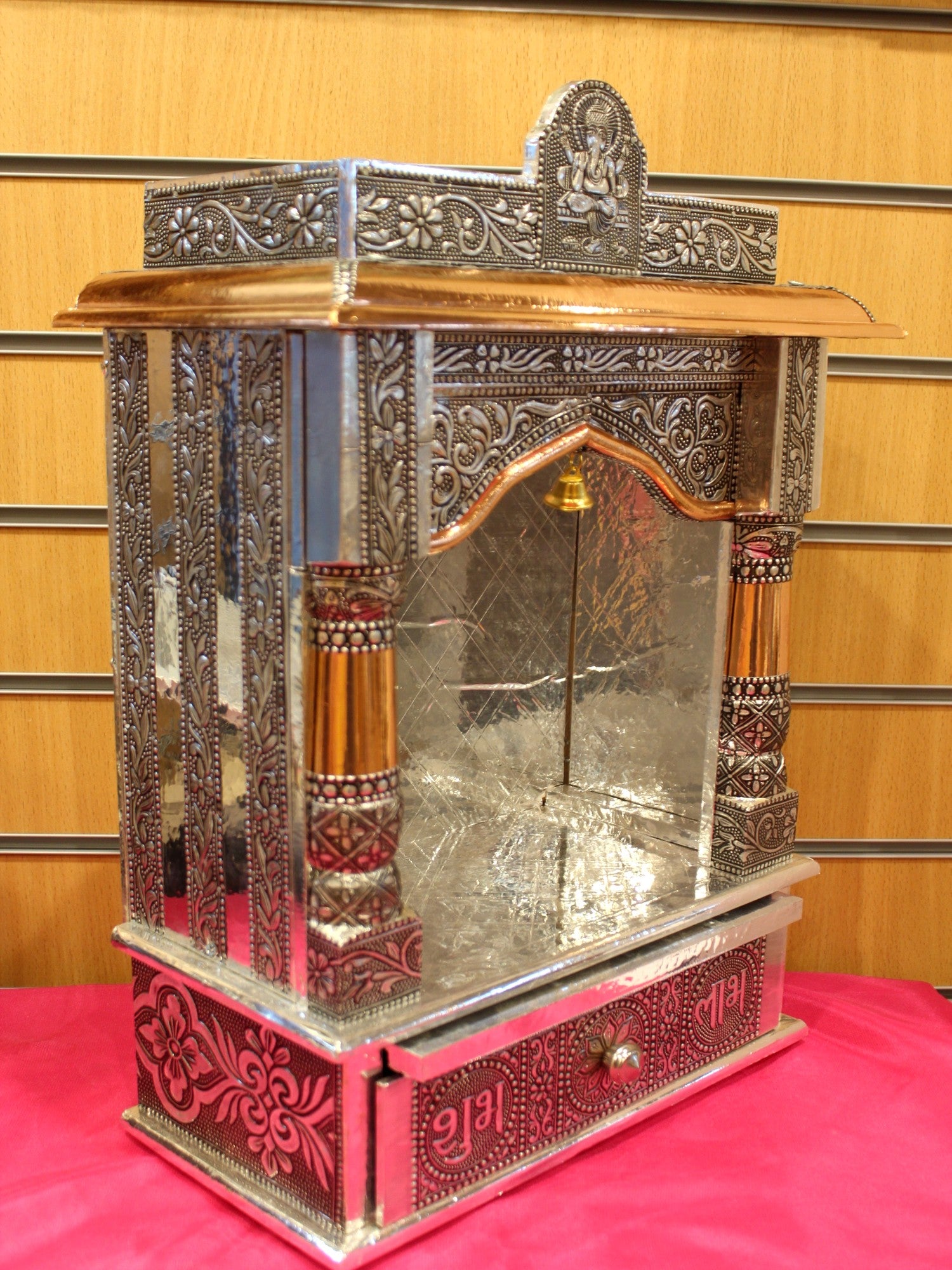 Oxidised silver open mandir 12 x 6 inch, angled side view showing depth