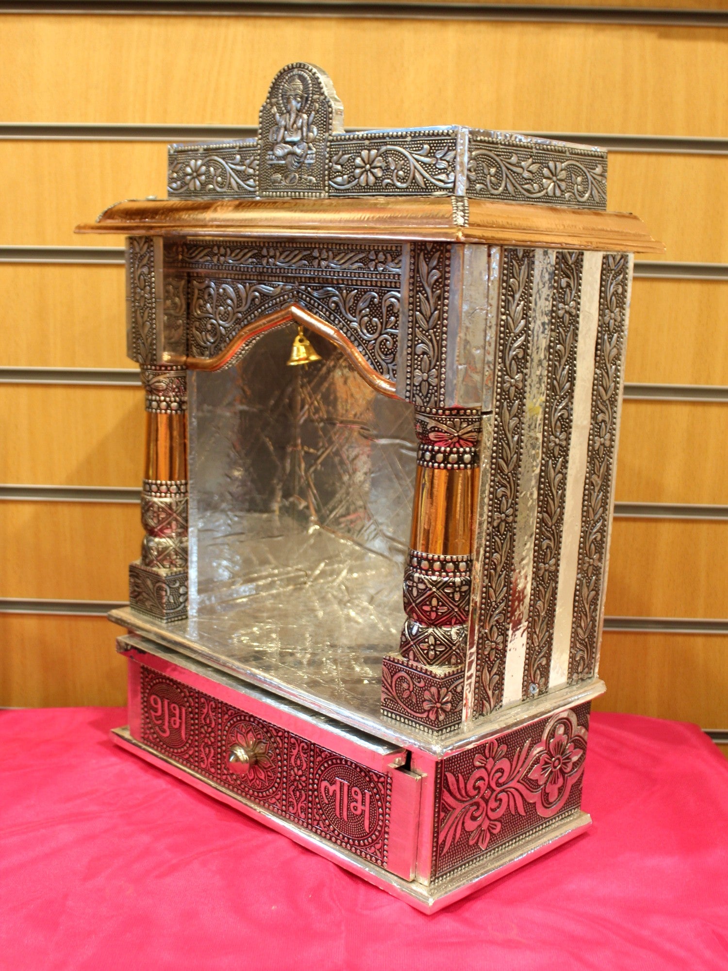 Oxidised silver open mandir 12 x 6 inch, side view with drawer detail