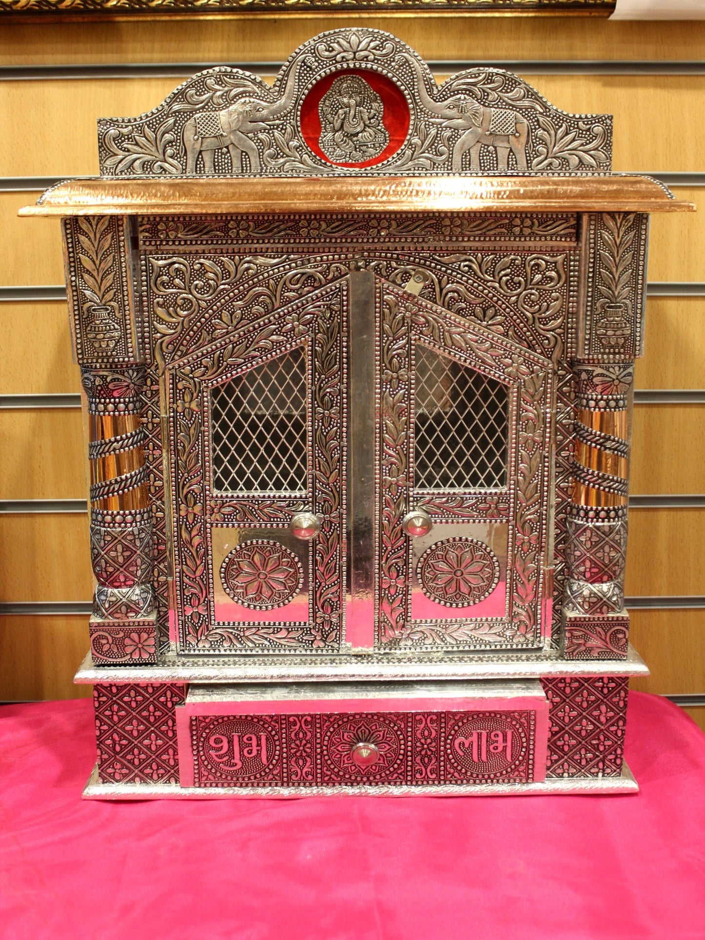 Oxidised silver mandir with jali doors and elephant crest, 15 x 9 inch, front view