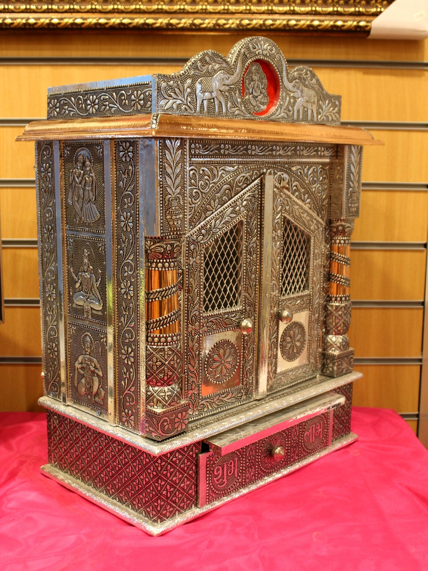 Oxidised silver mandir 15 x 9 inch, angled side view showing depth
