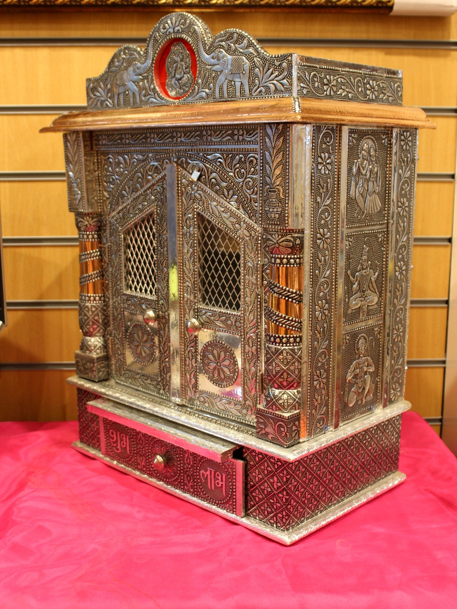 Oxidised silver mandir 15 x 9 inch, side view with drawer detail