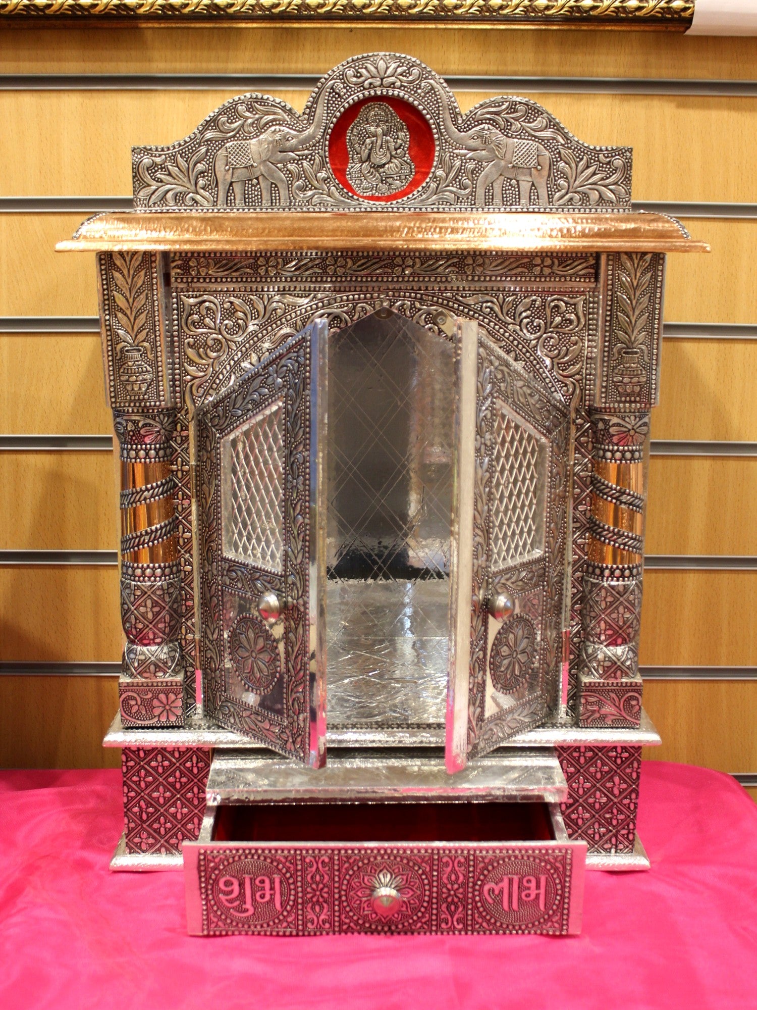Oxidised silver mandir 15 x 9 inch with doors open and Shubh Labh drawer pulled out