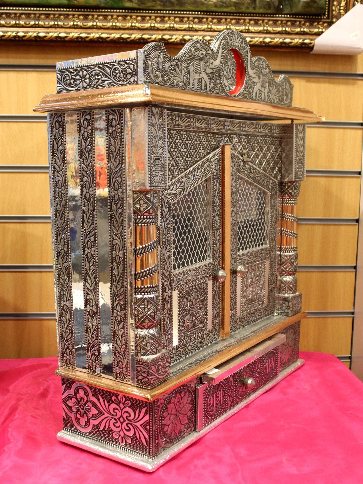 Oxidised silver mandir 18 x 6 inch, angled side view showing depth