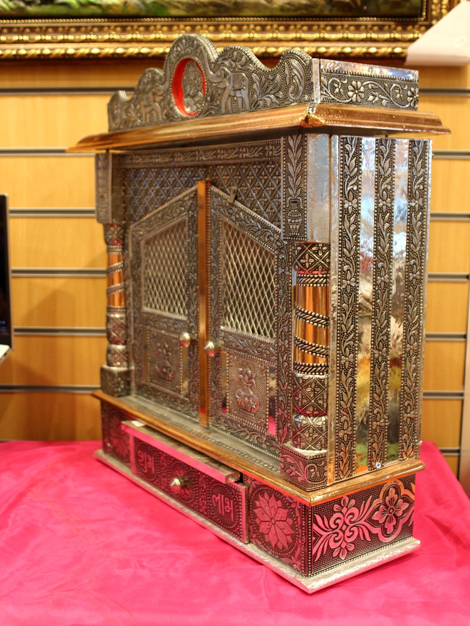 Oxidised silver mandir 18 x 6 inch, side view with jali door detail