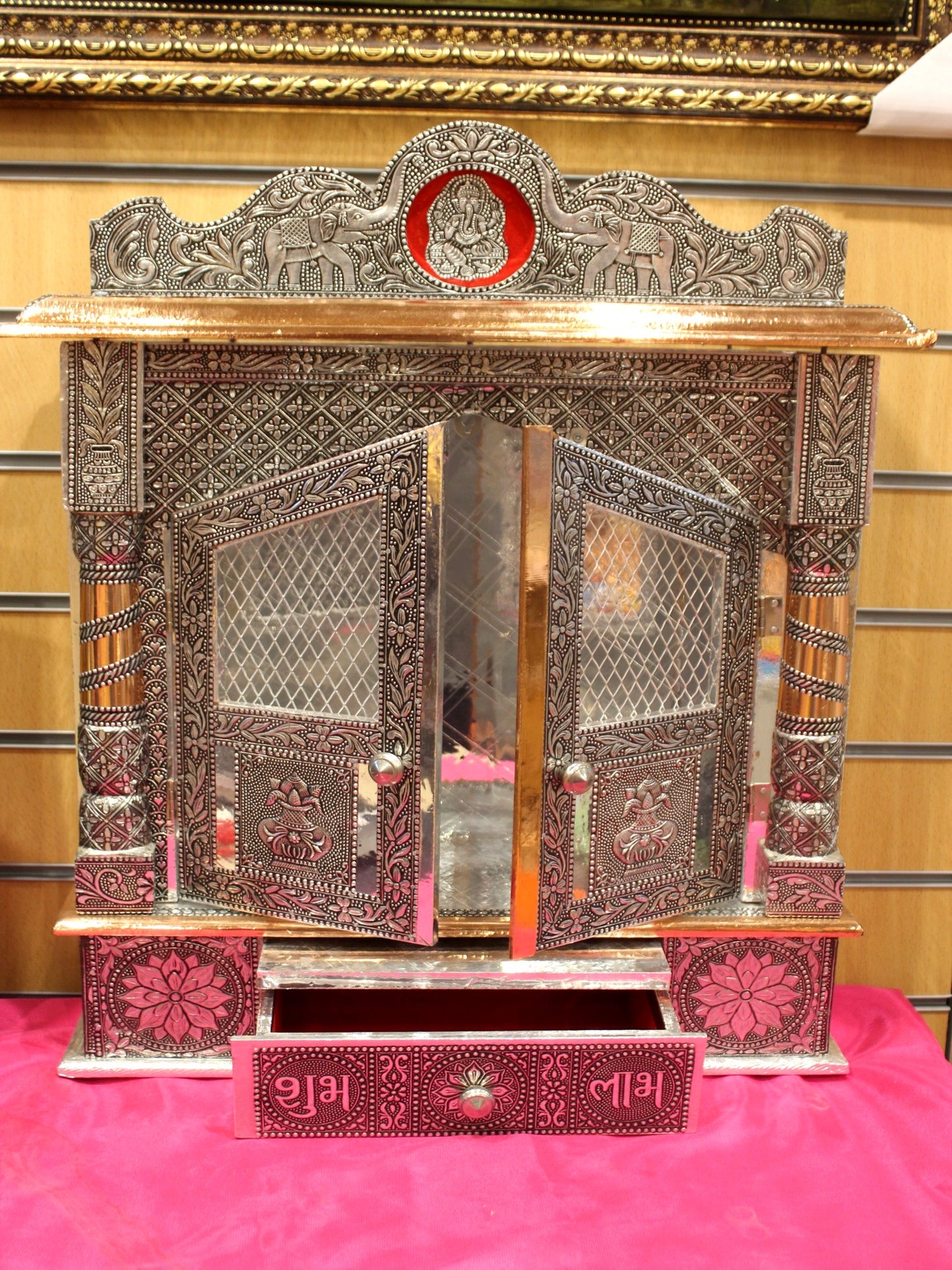 Oxidised silver mandir 18 x 6 inch with doors open and Shubh Labh drawer pulled out