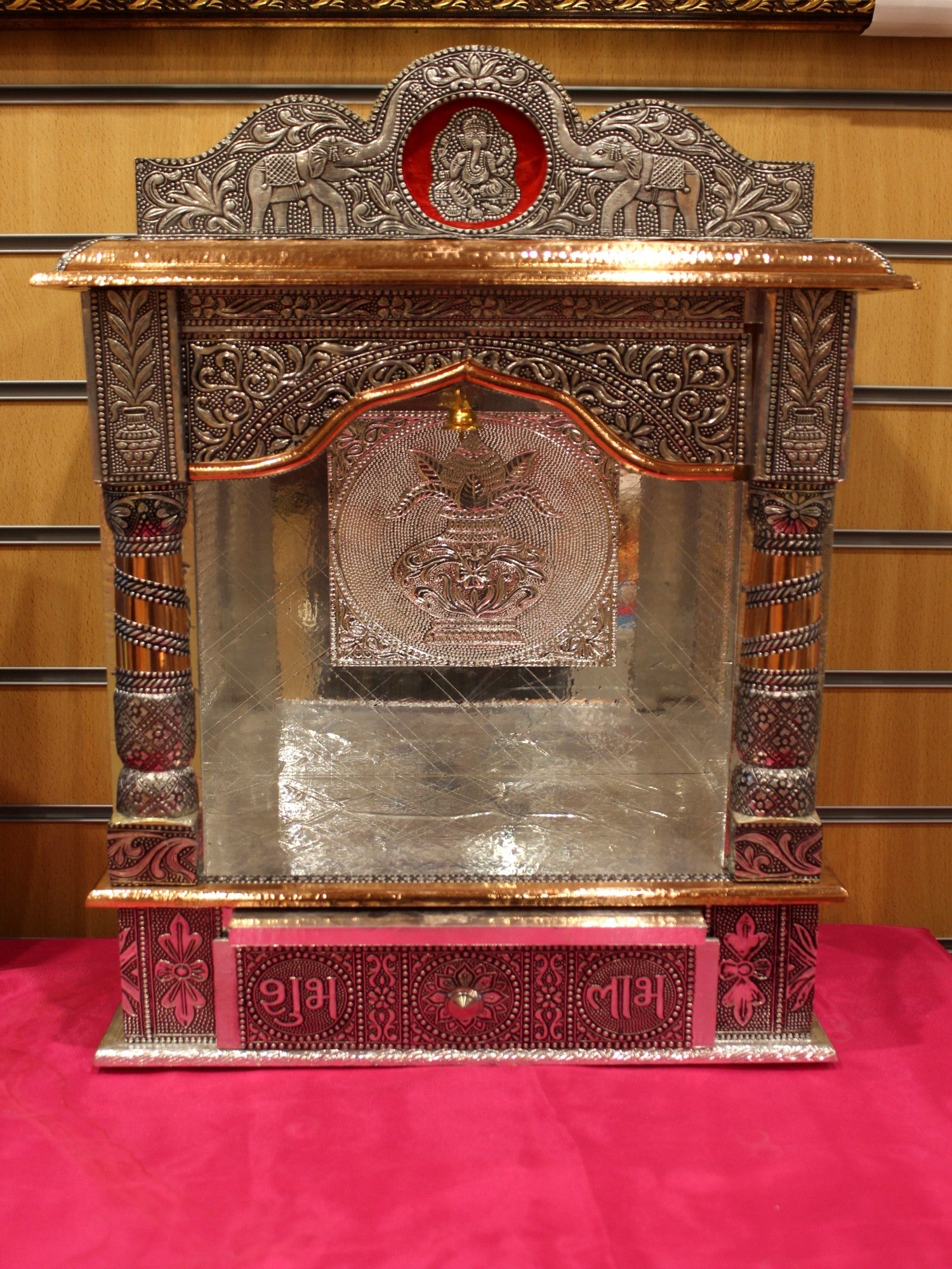 Oxidised silver open mandir with elephant crest, 15 x 9 inch, front view