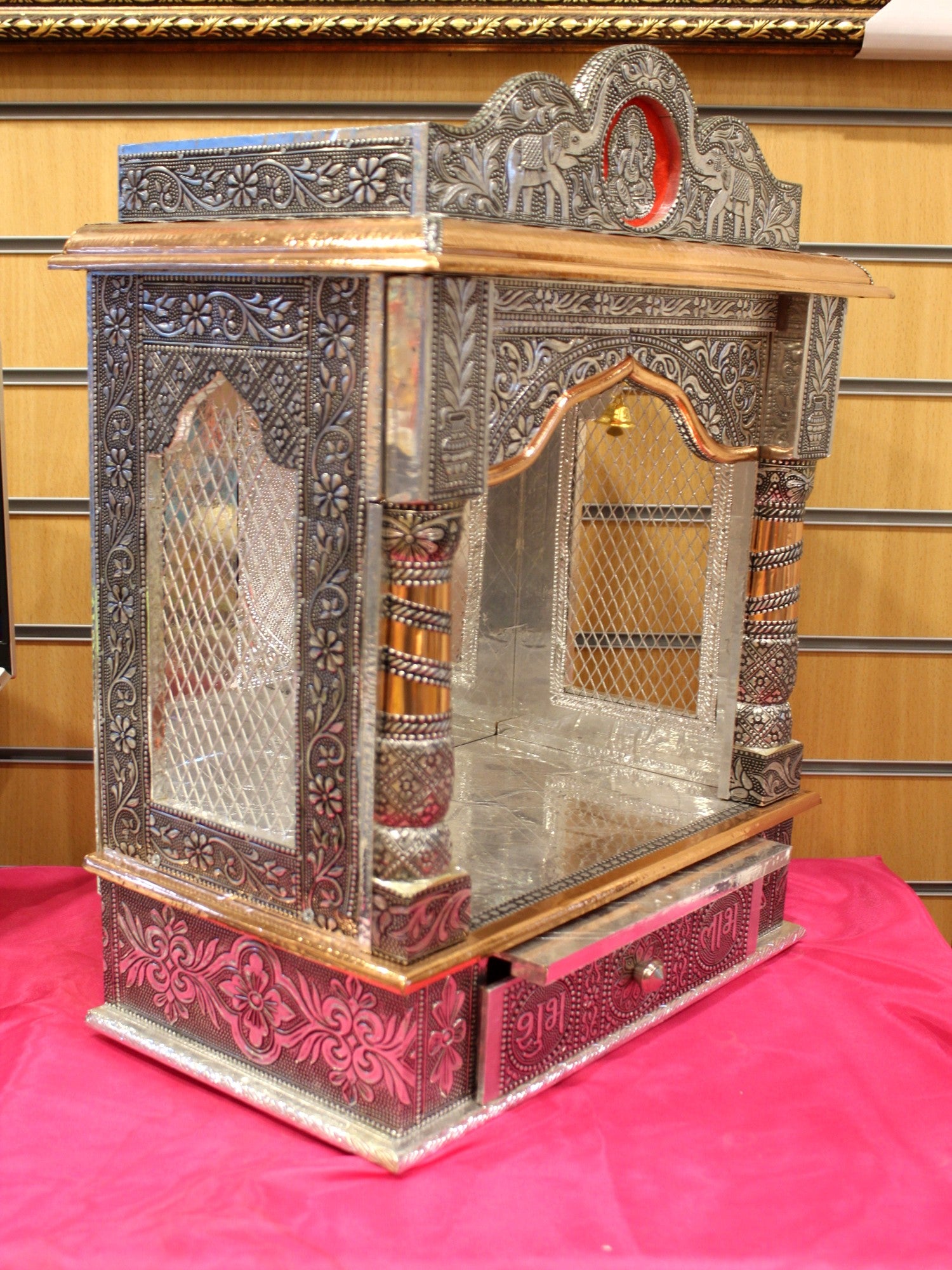 Oxidised silver open mandir 15 x 9 inch, angled side view showing depth