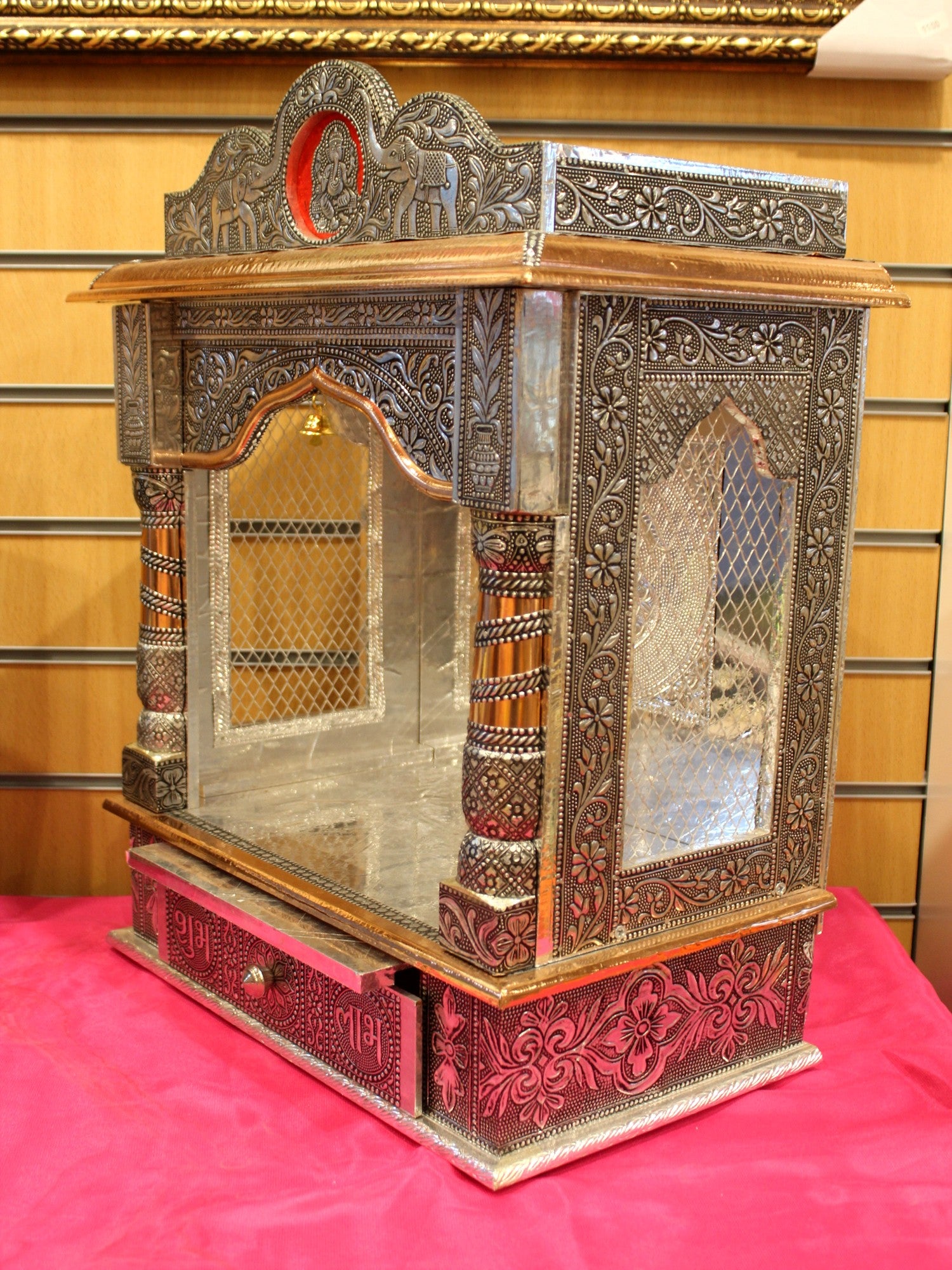 Oxidised silver open mandir 15 x 9 inch, side view with jali panel detail