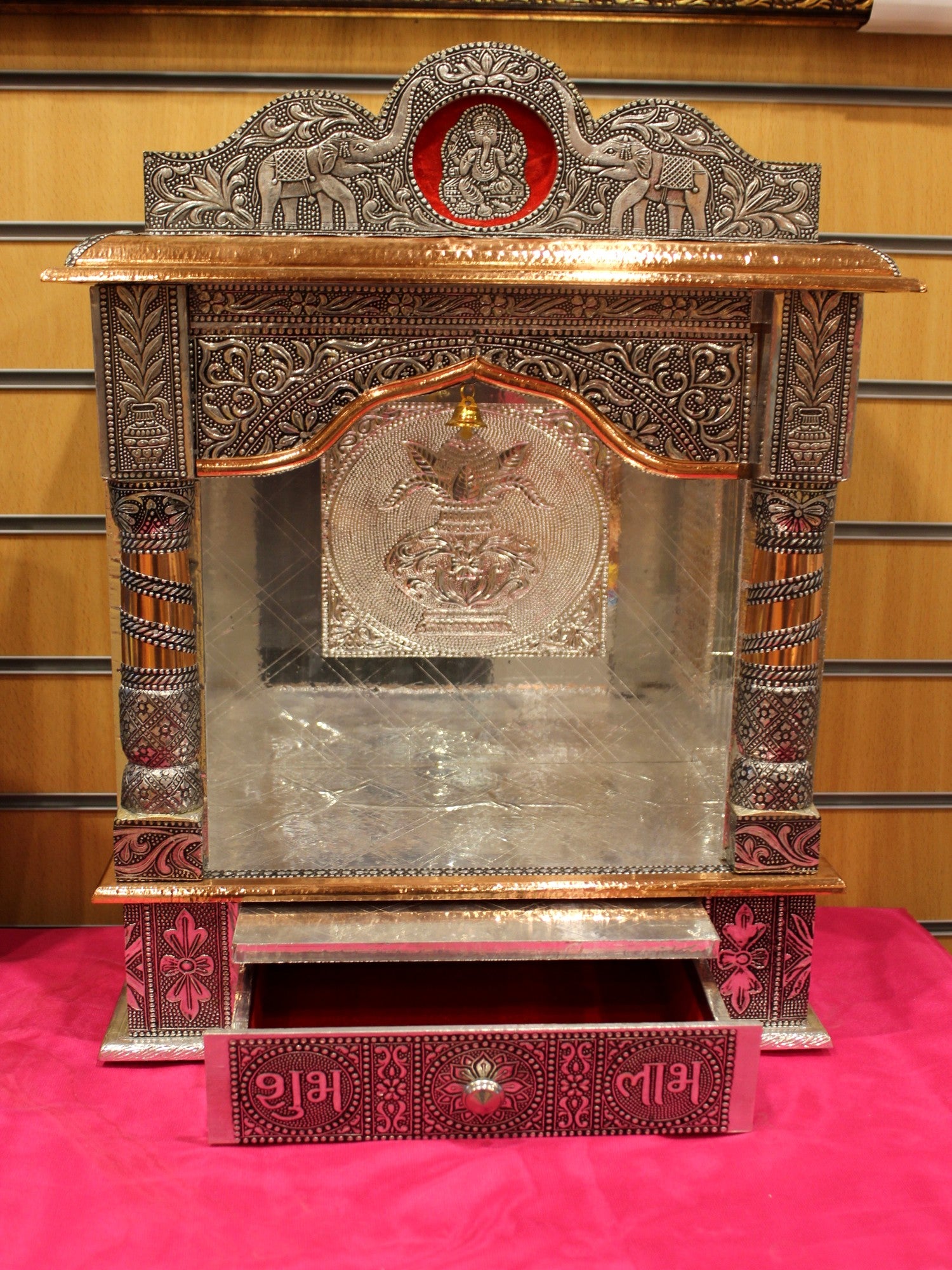 Oxidised silver open mandir 15 x 9 inch with Shubh Labh drawer pulled out