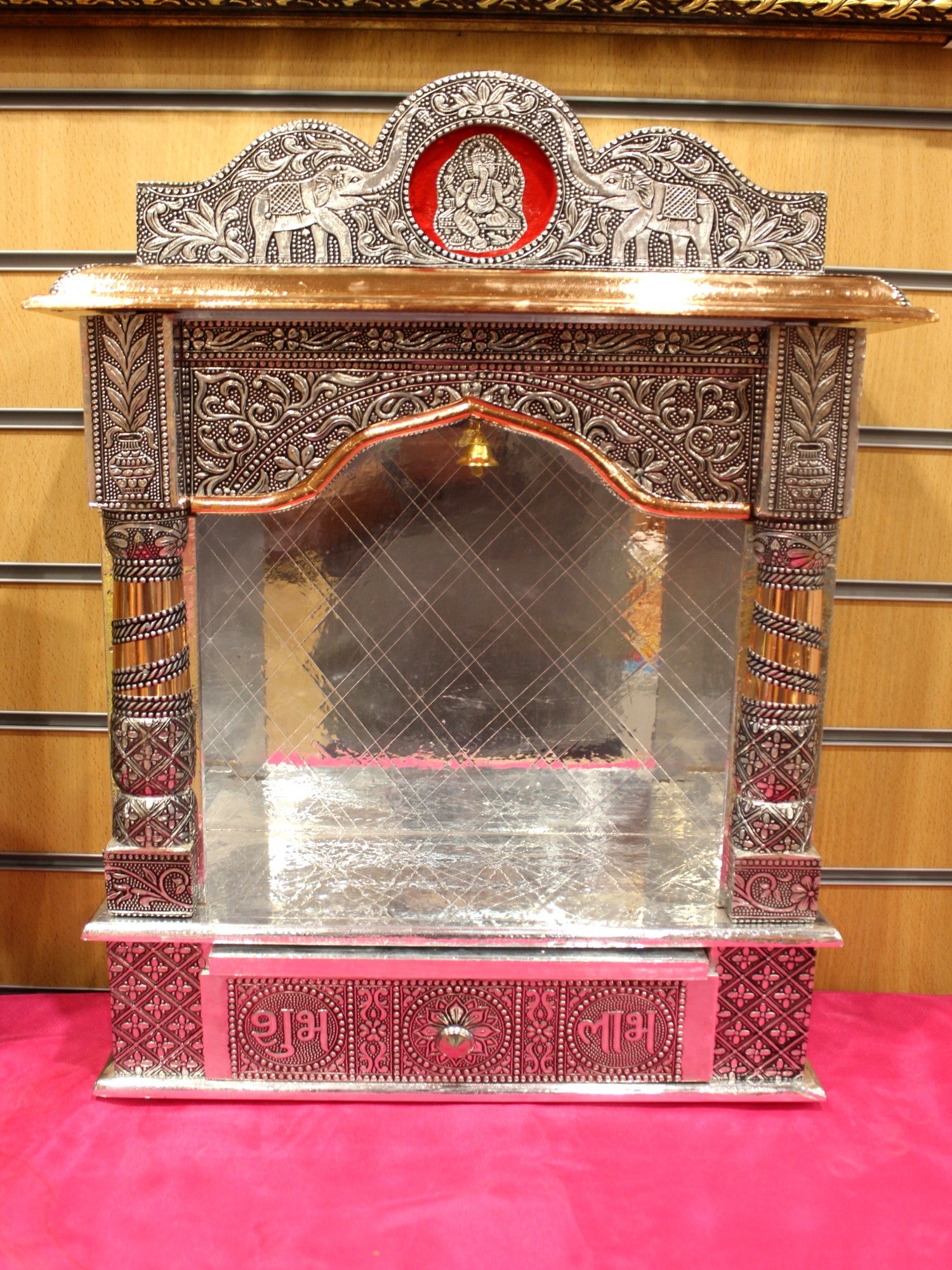 Oxidised silver open mandir with elephant crest, 15 x 6 inch, front view