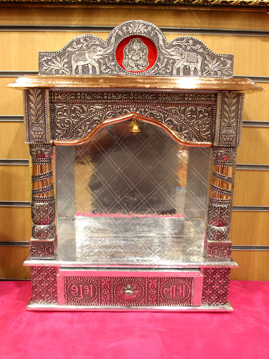 Oxidised silver open mandir with elephant crest, 15 x 6 inch, front view