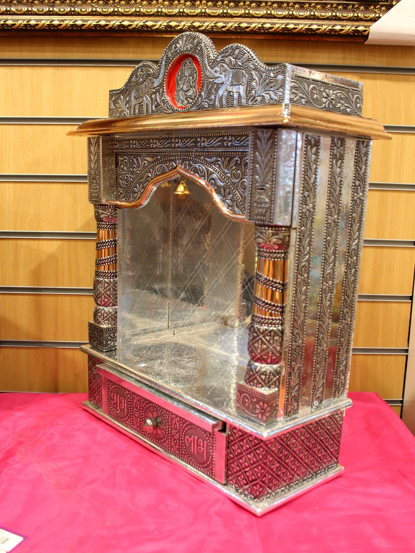 Oxidised silver open mandir 15 x 6 inch, front view with copper roof detail