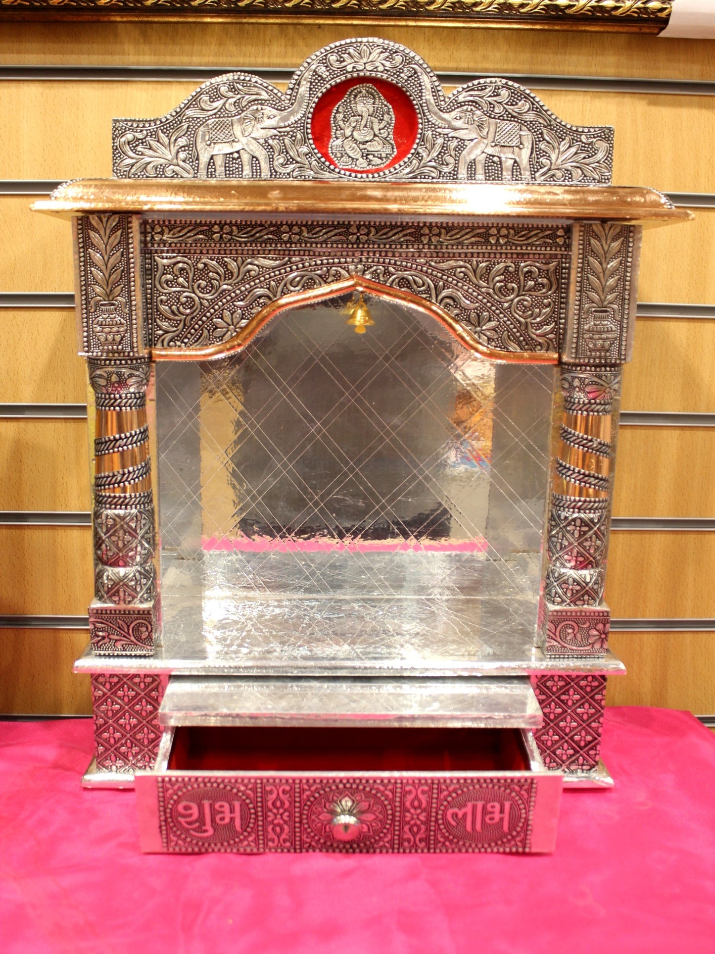 Oxidised silver open mandir 15 x 6 inch with Shubh Labh drawer pulled out