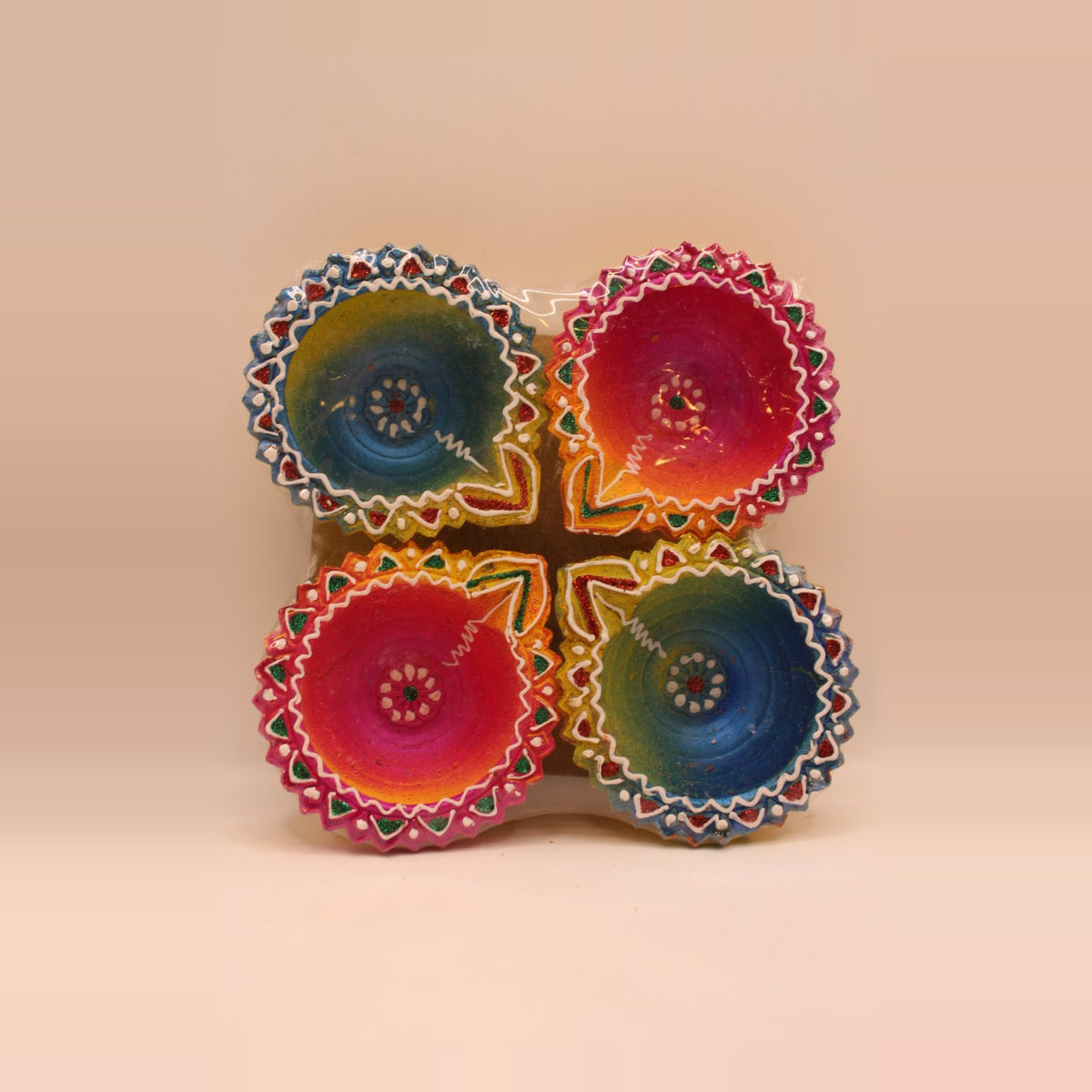 Painted Clay Diyas – Colourful Round, Pack of 4, 3 inch