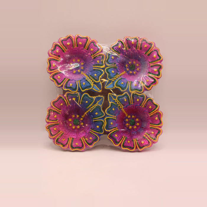 Painted Clay Diyas – Colourful Flower Shape, Pack of 4, 3 inch