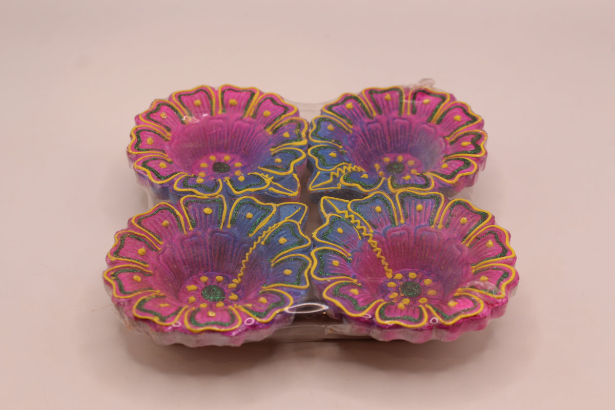 Painted Clay Diyas – Colourful Flower Shape, Pack of 4, 3 inch