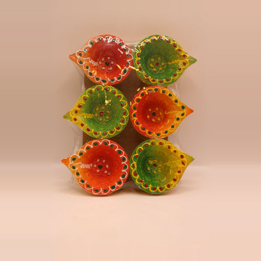 Painted Clay Diyas – Orange & Green, Pack of 6, 2 inch