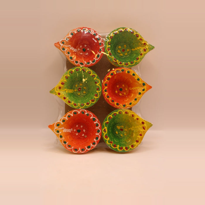 Painted Clay Diyas – Orange & Green, Pack of 6, 2 inch