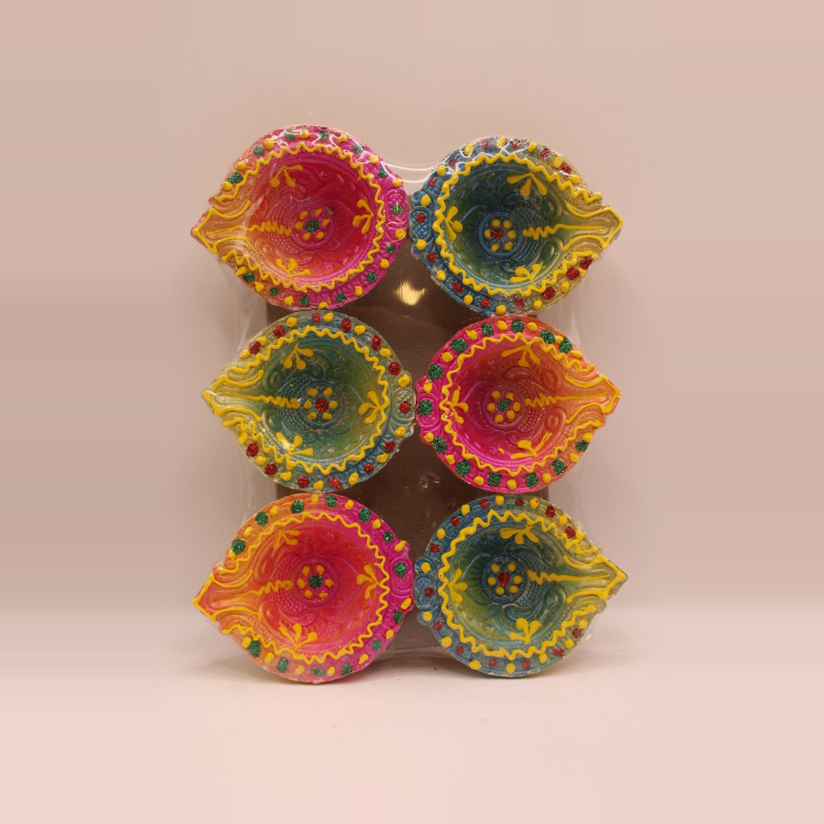 Painted Clay Diyas – Pink, Green & Yellow, Pack of 6, 2 inch