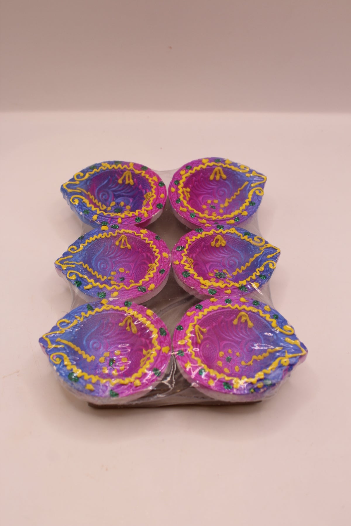 Painted Clay Diyas – Purple & Blue, Pack of 6, 2 inch