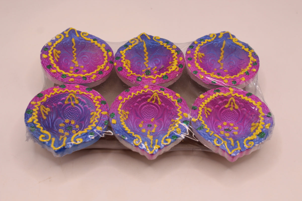 Painted Clay Diyas – Purple & Blue, Pack of 6, 2 inch