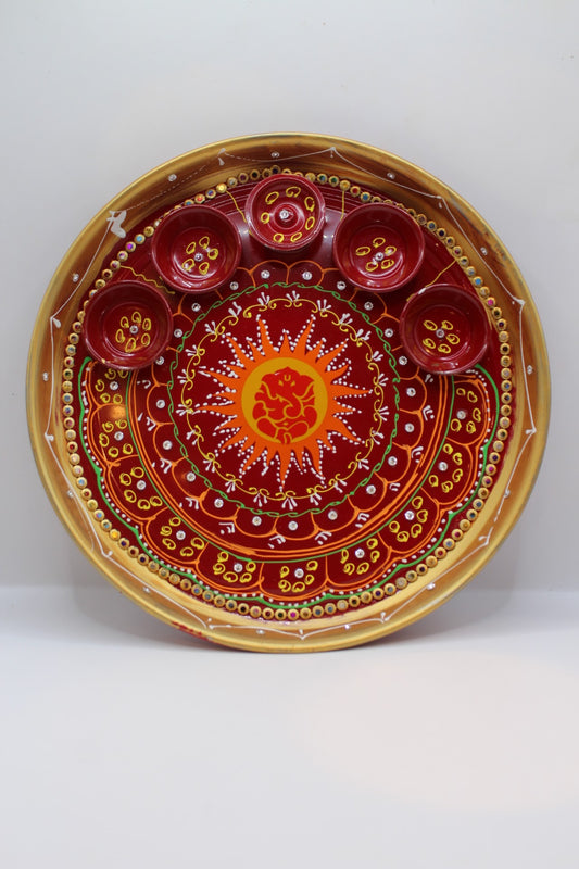 Painted steel pooja thali, red and gold with Ganesh centre and katoris
