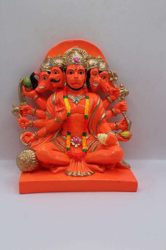 Orange resin Panchmukhi Hanuman murti, seated, front view