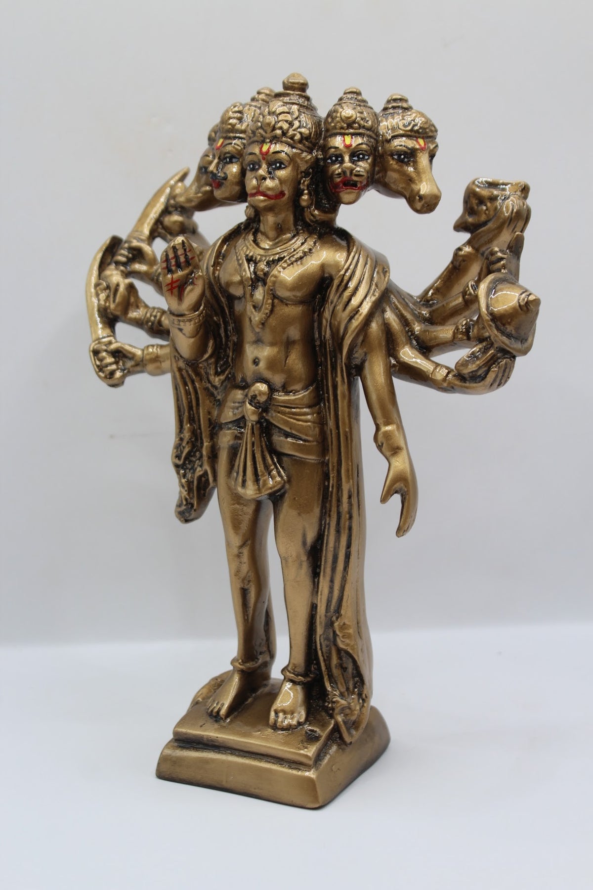 Antique gold resin Panchmukhi Hanuman murti, standing, right side view