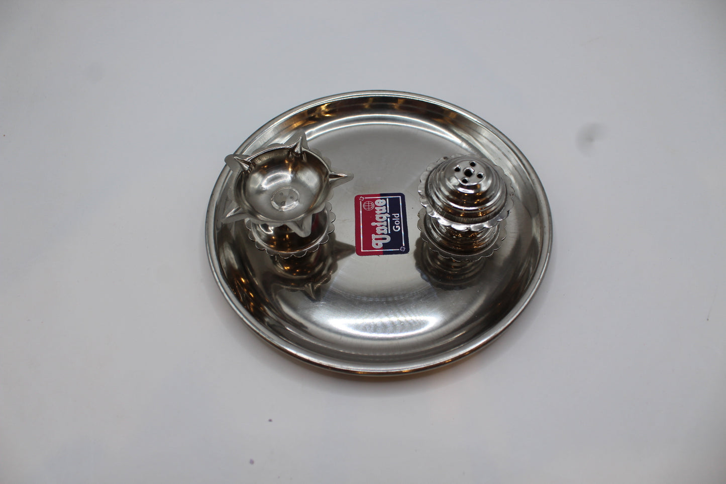 Small stainless steel pooja thali set, full set from above