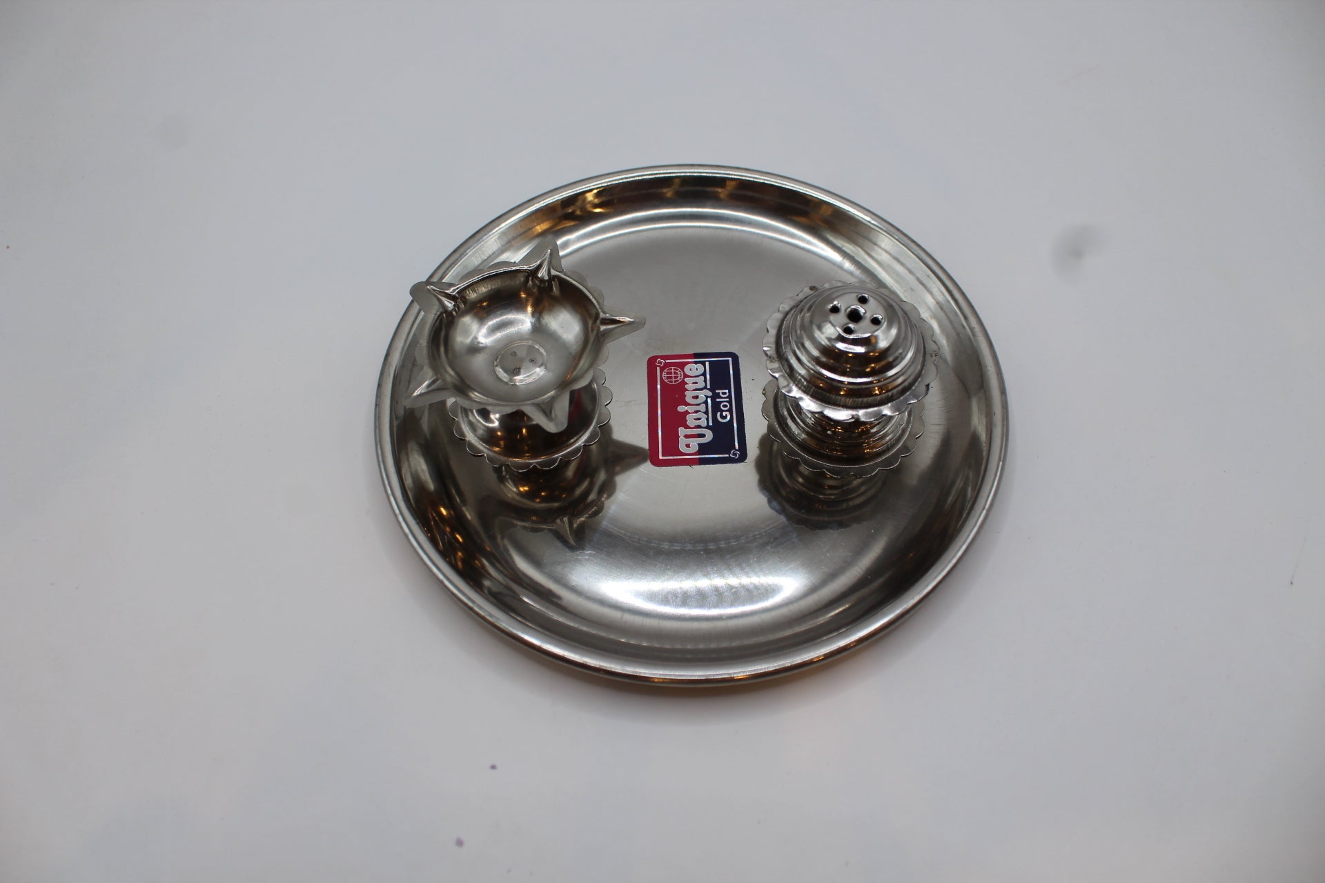 Small stainless steel pooja thali set, full set from above