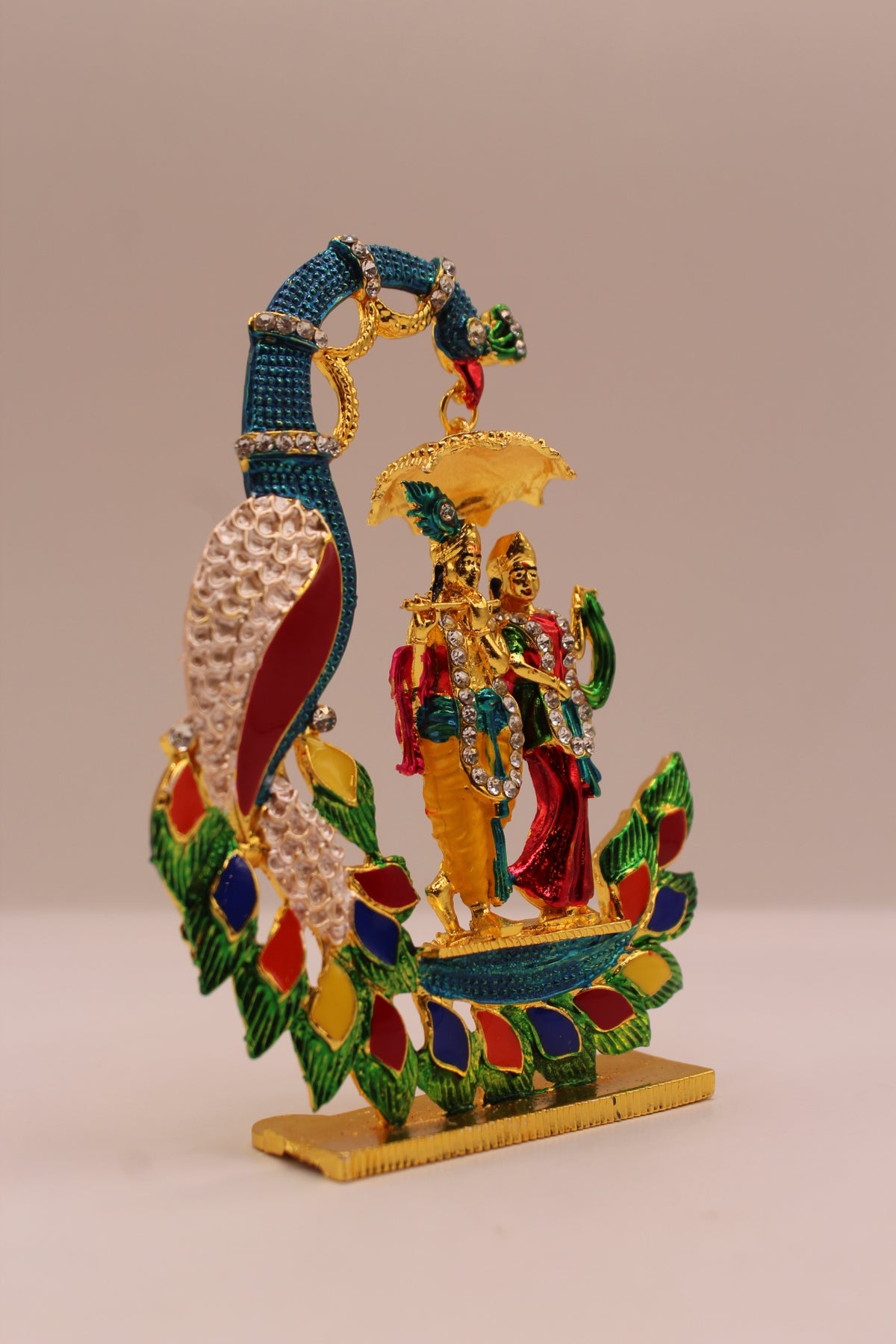 Radha Krishna Murti with Peacock – Colourful Metal, 4.5 inch – left side view
