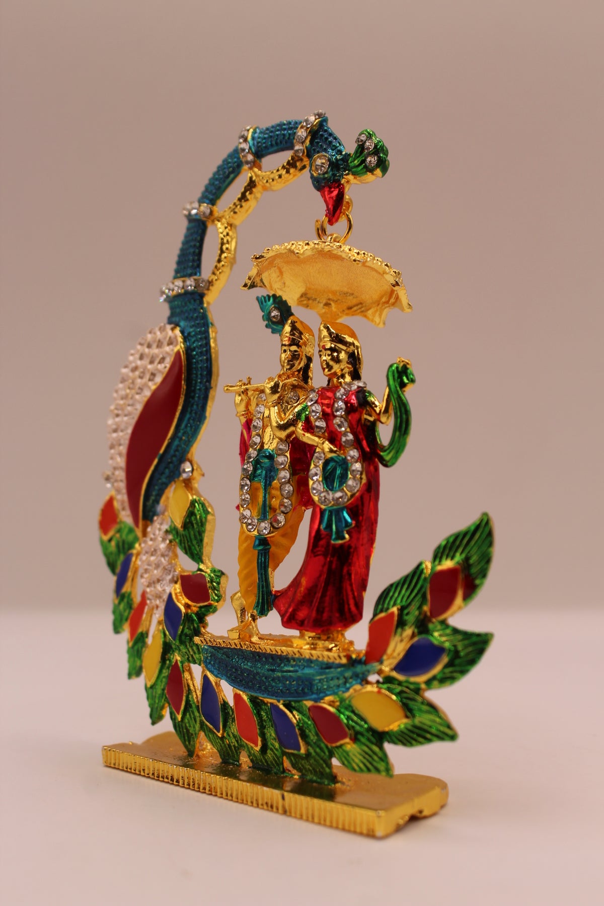 Radha Krishna Murti with Peacock – Colourful Metal, 4.5 inch – right side view