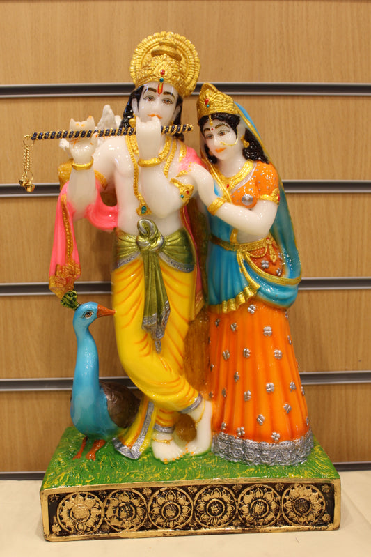 Resin/Fibre Radha Krishna Statue for Home Temple – Under the Tree with Peacock, 17 inch – front view