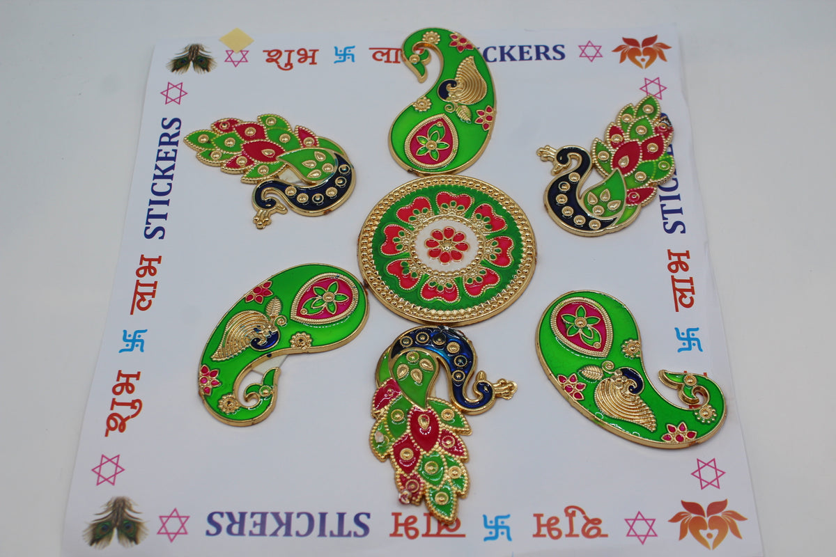 Rangoli stickers, green paisley peacock design on Shubh Labh sheet – close-up
