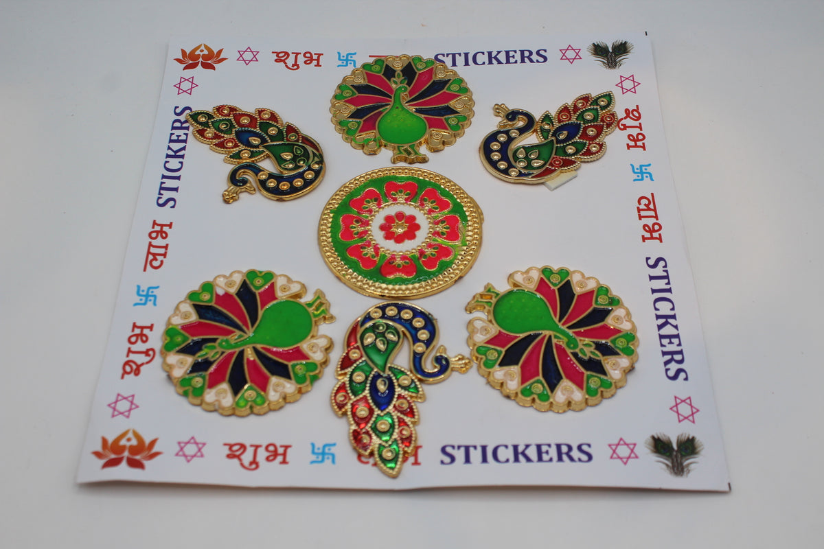 Rangoli stickers, green peacock and flower design on Shubh Labh sheet – close-up