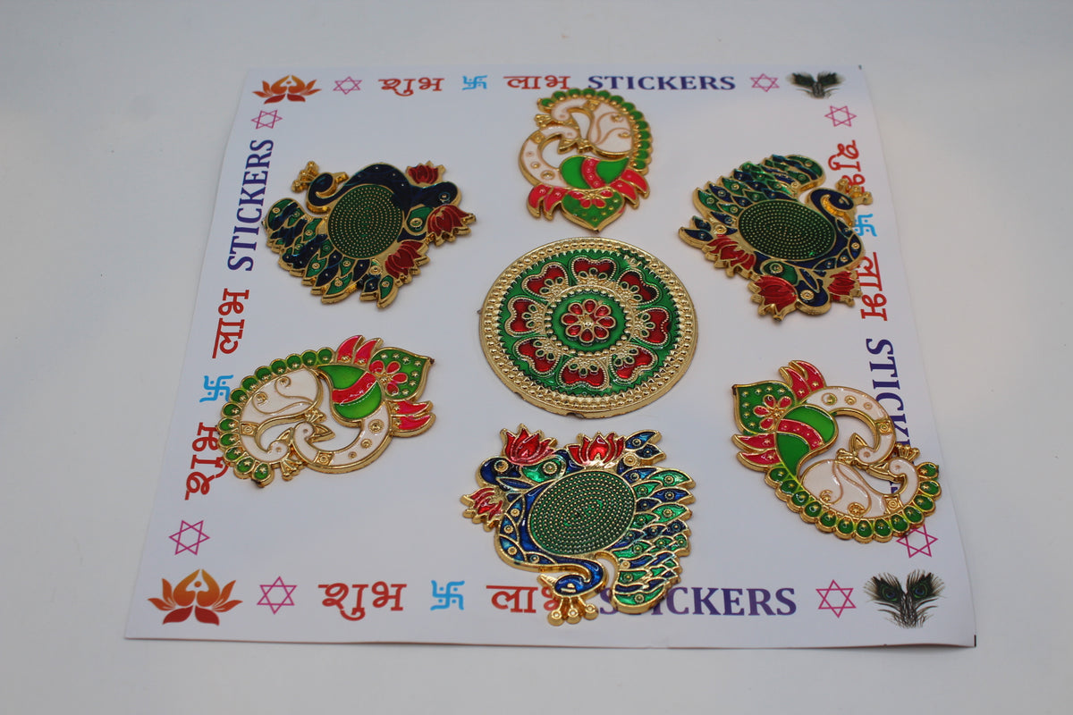 Rangoli stickers, peacock mix design on Shubh Labh sheet – close-up