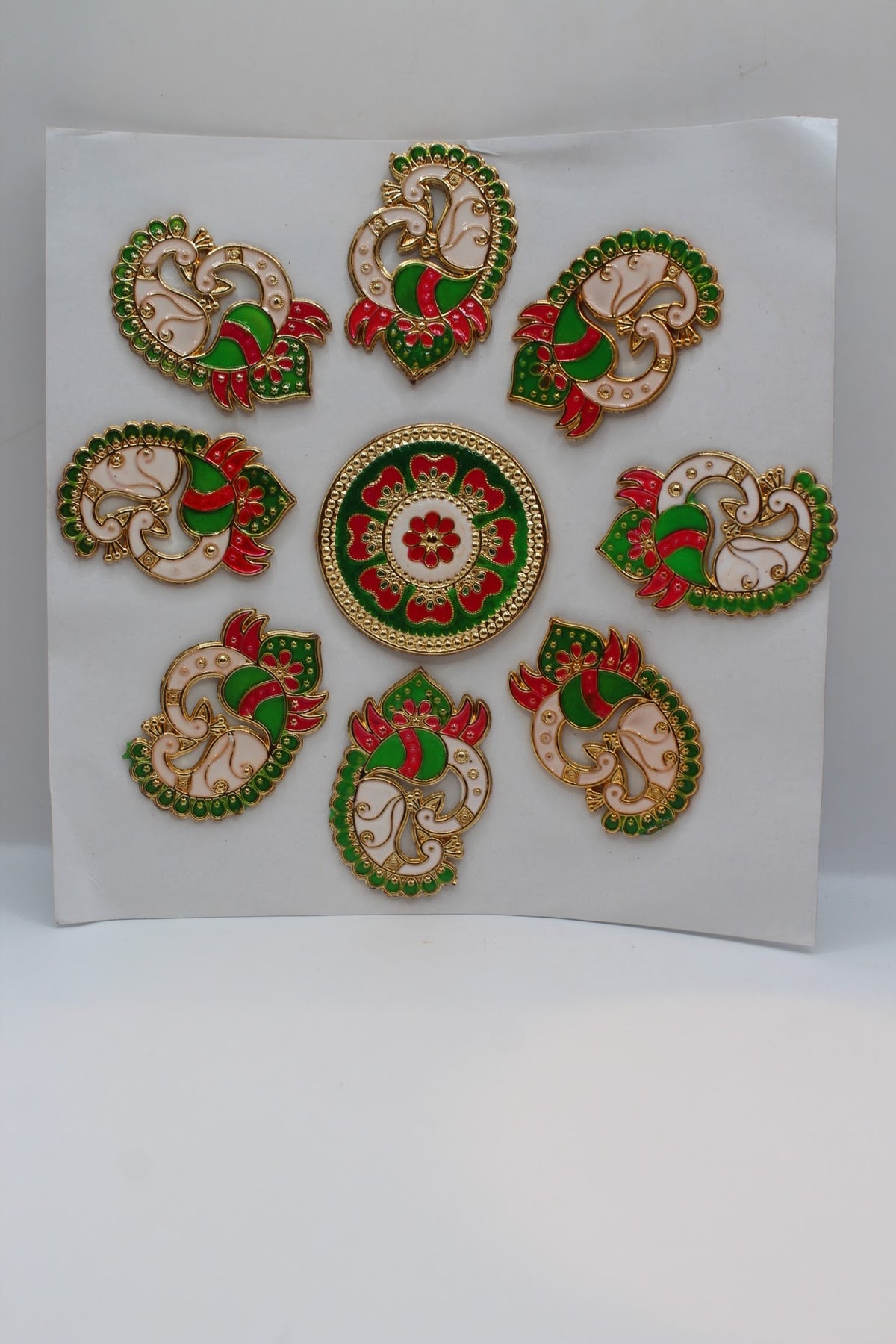 Rangoli stickers, white and red peacock design