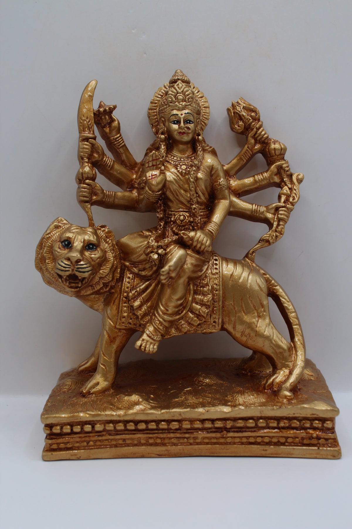 Resin Ambe Maa statue, golden finish, flat base, front view