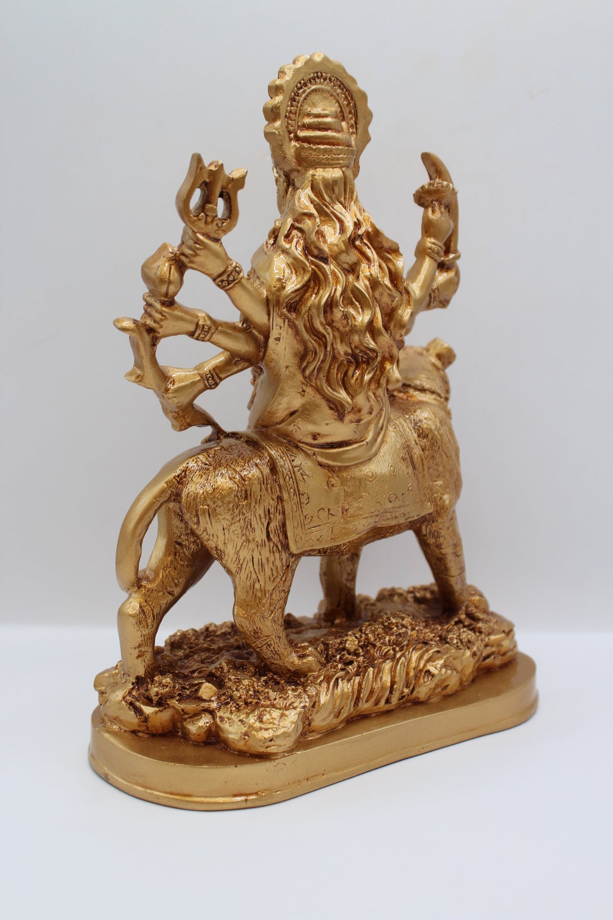 Resin Ambe Maa statue, golden finish, oval base, back view