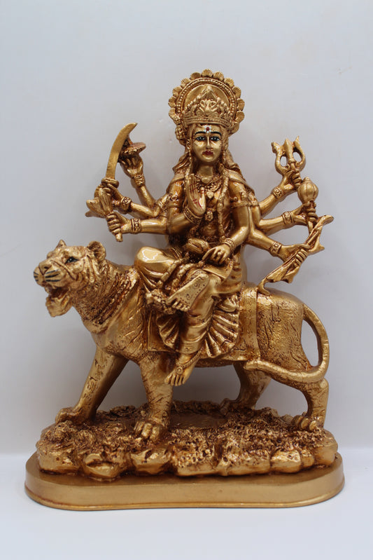 Resin Ambe Maa statue, golden finish, oval base, front view